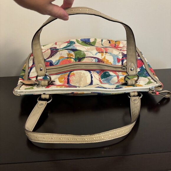 Coach Poppy Colorful Signature Canvas Hallie East/West Taupe Patent Leather Tote - Picture 9 of 14